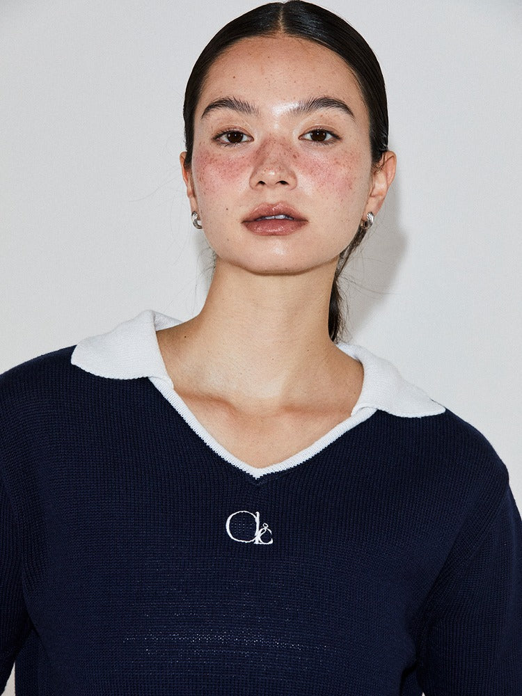 cocancl-ss-24-v-neck-knit-collar-top-navy