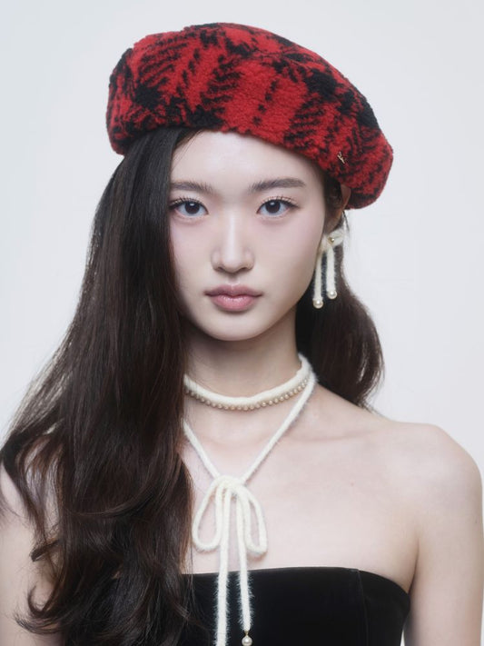 [LOLLA] Seasonless Tartan Fuzz Beret (Red)